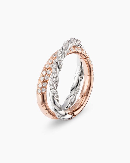 Womens Sculpted Cable Flex Two Row Ring in 18K Rose and White Gold with Diamonds, 16mm