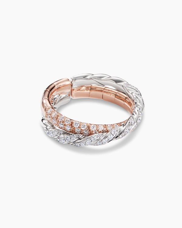 Sculpted Cable Flex Two Row Ring in 18K Rose and White Gold with Diamonds, 16mm