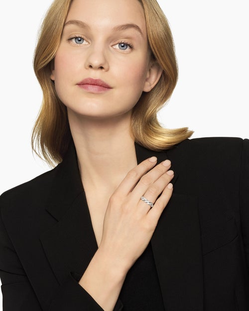 Womens Sculpted Cable Flex Band Ring in 18K White Gold with Diamonds, 5mm