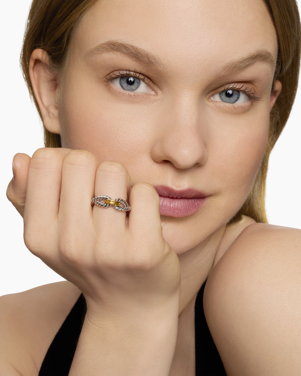 Womens Cable Loop Band Ring in Sterling Silver with 18ct Yellow Gold, 7mm