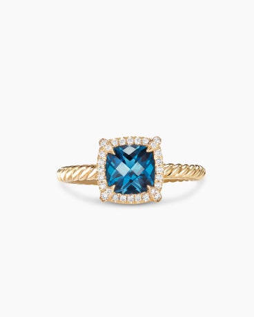 Petite Chatelaine® Pavé Bezel Ring in 18K Yellow Gold with Hampton Blue Topaz and Diamonds, 7mm