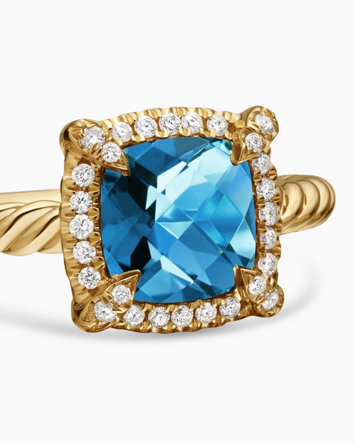Womens Petite Chatelaine® Pavé Bezel Ring in 18K Yellow Gold with Hampton Blue Topaz and Diamonds, 7mm