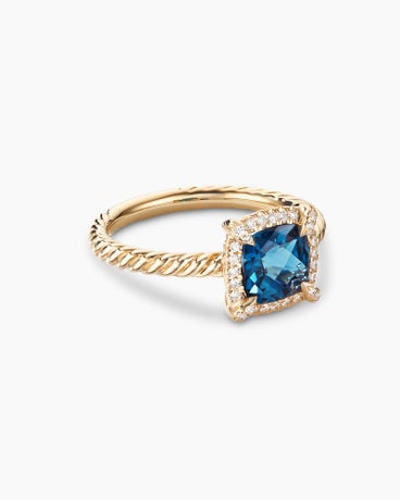 Petite Chatelaine® Pavé Bezel Ring in 18K Yellow Gold with Hampton Blue Topaz and Diamonds, 7mm