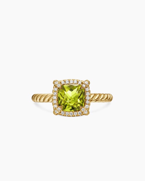 Womens Petite Chatelaine® Pavé Bezel Ring in 18K Yellow Gold with Peridot and Diamonds, 7mm