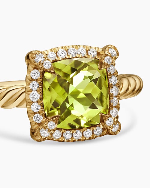 Womens Petite Chatelaine® Pavé Bezel Ring in 18K Yellow Gold with Peridot and Diamonds, 7mm