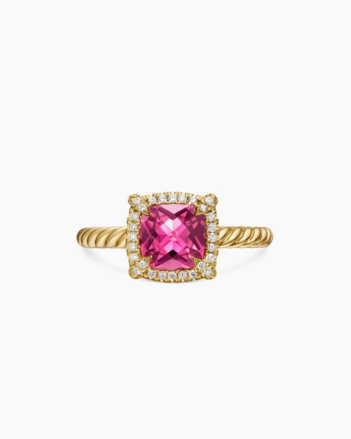 Womens Petite Chatelaine® Pavé Bezel Ring in 18K Yellow Gold with Pink Tourmaline and Diamonds, 7mm