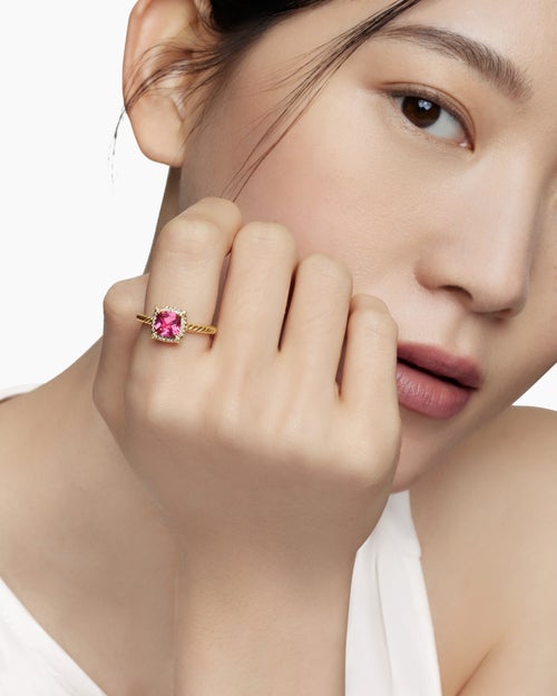 Womens Petite Chatelaine® Pavé Bezel Ring in 18K Yellow Gold with Pink Tourmaline and Diamonds, 7mm