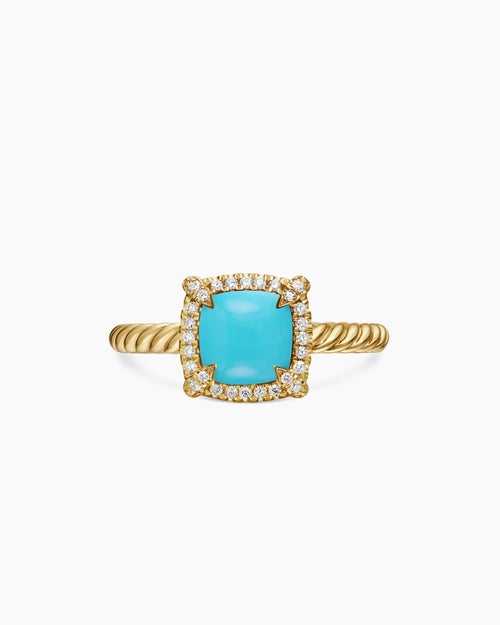 Womens Petite Chatelaine® Pavé Bezel Ring in 18K Yellow Gold with Turquoise and Diamonds, 7mm