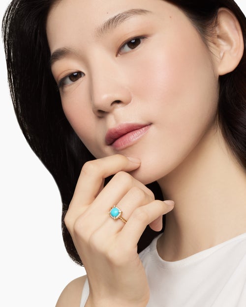 Womens Petite Chatelaine® Pavé Bezel Ring in 18K Yellow Gold with Turquoise and Diamonds, 7mm