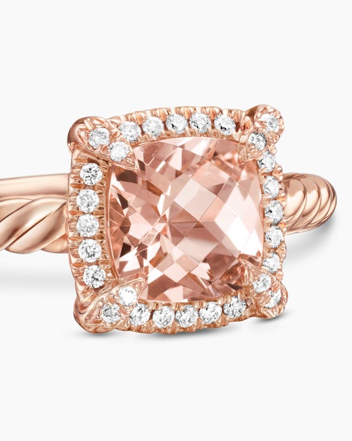 Womens Petite Chatelaine® Pavé Bezel Ring in 18K Rose Gold with Morganite and Diamonds, 7mm