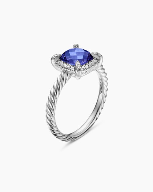 Womens Petite Chatelaine® Pavé Bezel Ring in 18K White Gold with Tanzanite and Diamonds, 7mm