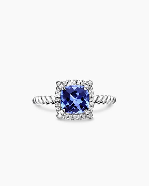 Womens Petite Chatelaine® Pavé Bezel Ring in 18K White Gold with Tanzanite and Diamonds, 7mm