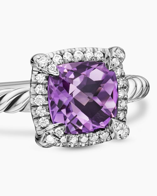 Womens Petite Chatelaine® Pavé Bezel Ring in Sterling Silver with Amethyst and Diamonds, 7mm