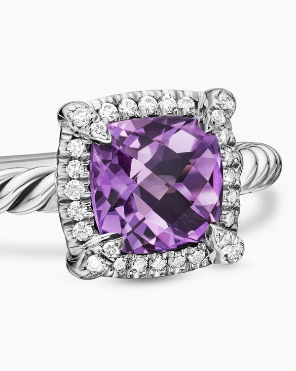 Petite Chatelaine® Pavé Bezel Ring in Sterling Silver with Amethyst and Diamonds, 7mm