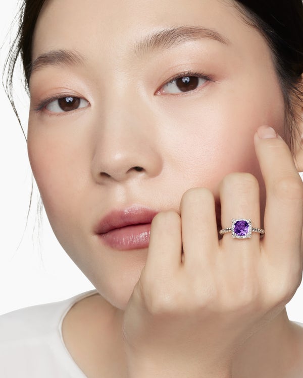 Petite Chatelaine® Pavé Bezel Ring in Sterling Silver with Amethyst and Diamonds, 7mm