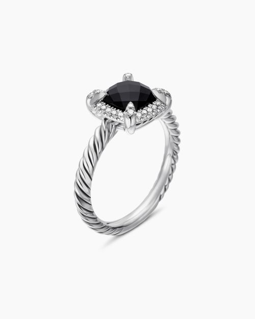 Womens Petite Chatelaine® Pavé Bezel Ring in Sterling Silver with Black Onyx and Diamonds, 7mm