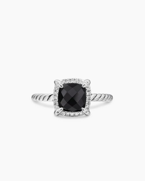 Womens Petite Chatelaine® Pavé Bezel Ring in Sterling Silver with Black Onyx and Diamonds, 7mm