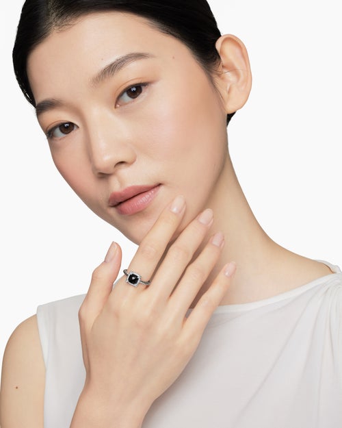 Womens Petite Chatelaine® Pavé Bezel Ring in Sterling Silver with Black Onyx and Diamonds, 7mm