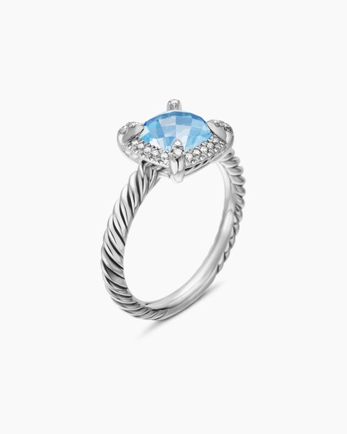 Womens Petite Chatelaine® Pavé Bezel Ring in Sterling Silver with Blue Topaz and Diamonds, 7mm