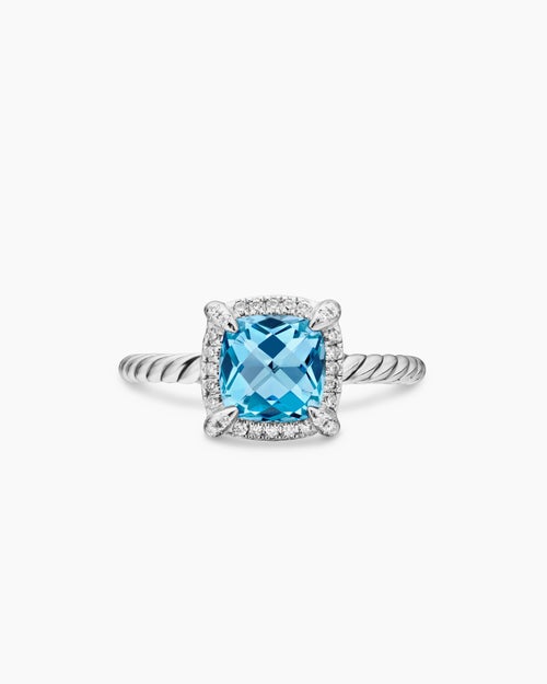 Womens Petite Chatelaine® Pavé Bezel Ring in Sterling Silver with Blue Topaz and Diamonds, 7mm