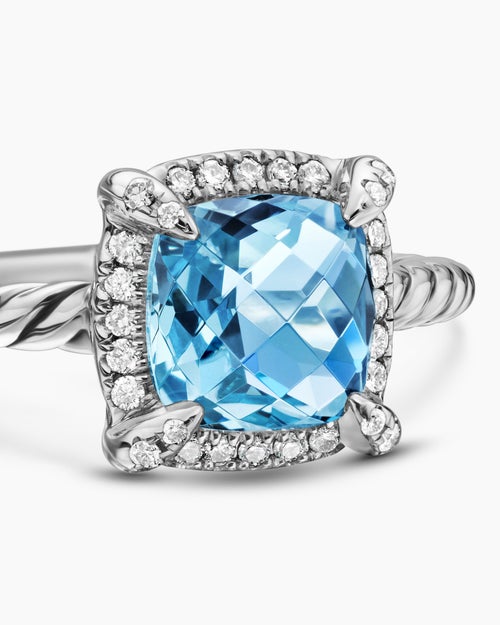Womens Petite Chatelaine® Pavé Bezel Ring in Sterling Silver with Blue Topaz and Diamonds, 7mm