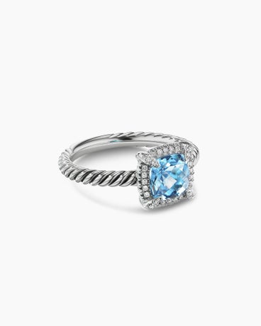 Petite Chatelaine® Pavé Bezel Ring in Sterling Silver with Blue Topaz and Diamonds, 7mm