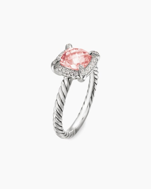 Womens Petite Chatelaine® Pavé Bezel Ring in Sterling Silver with Morganite and Diamonds, 7mm