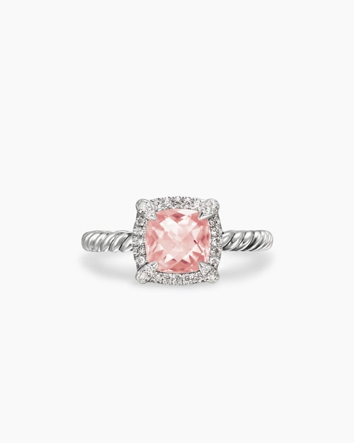 Womens Petite Chatelaine® Pavé Bezel Ring in Sterling Silver with Morganite and Diamonds, 7mm