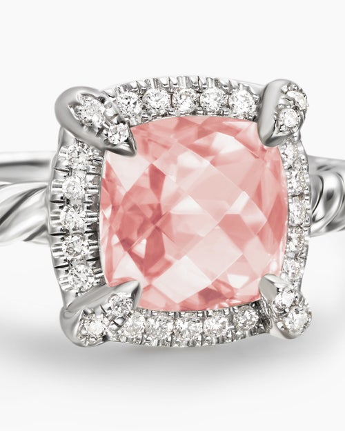 Womens Petite Chatelaine® Pavé Bezel Ring in Sterling Silver with Morganite and Diamonds, 7mm
