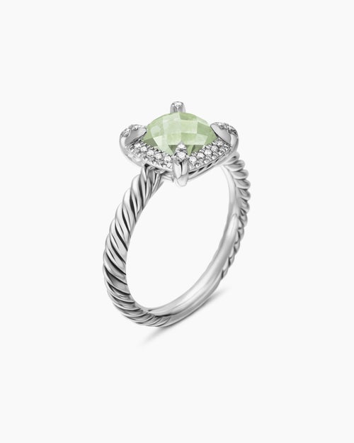 Womens Petite Chatelaine® Pavé Bezel Ring in Sterling Silver with Prasiolite and Diamonds, 7mm