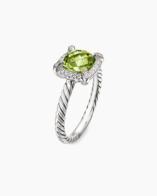 Womens Petite Chatelaine® Pavé Bezel Ring in Sterling Silver with Peridot and Diamonds, 7mm