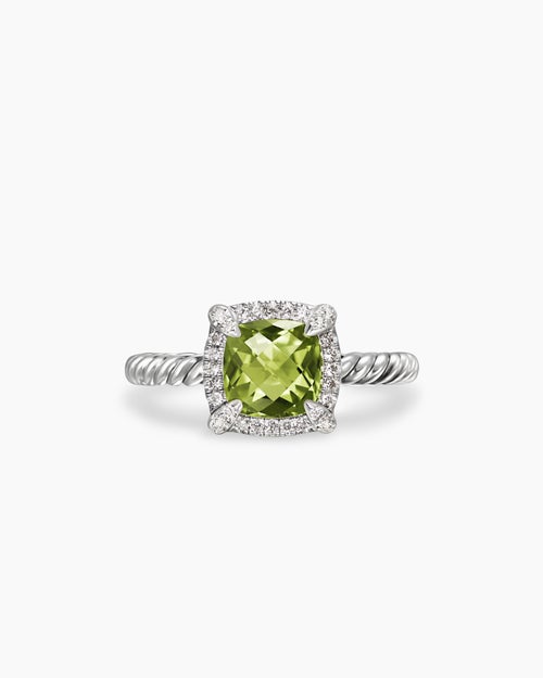 Womens Petite Chatelaine® Pavé Bezel Ring in Sterling Silver with Peridot and Diamonds, 7mm