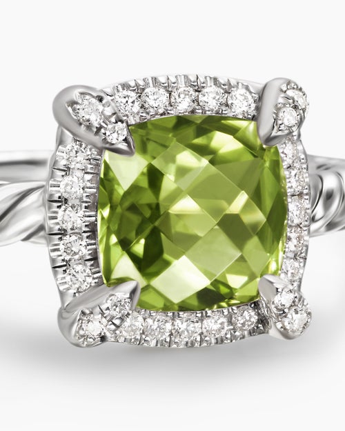 Womens Petite Chatelaine® Pavé Bezel Ring in Sterling Silver with Peridot and Diamonds, 7mm