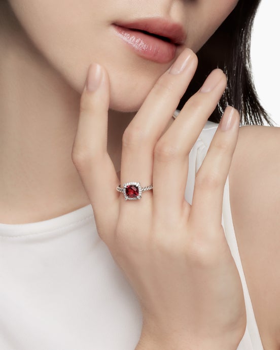 Petite Chatelaine® Pavé Bezel Ring in Sterling Silver with Rhodolite Garnet and Diamonds, 7mm