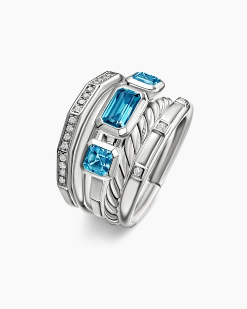 Womens Stax Five Row Ring in Sterling Silver with Diamonds, 15mm
