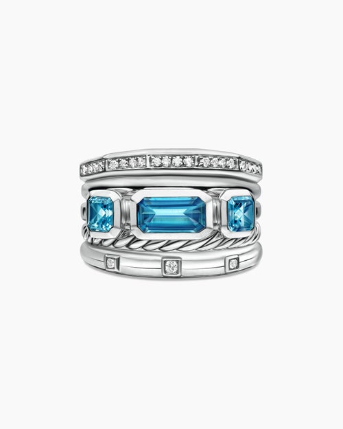 Womens Stax Five Row Ring in Sterling Silver with Hampton Blue Topaz and Diamonds, 15mm