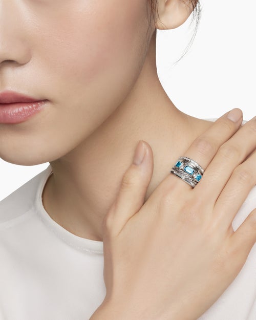 Womens Stax Five Row Ring in Sterling Silver with Hampton Blue Topaz and Diamonds, 15mm
