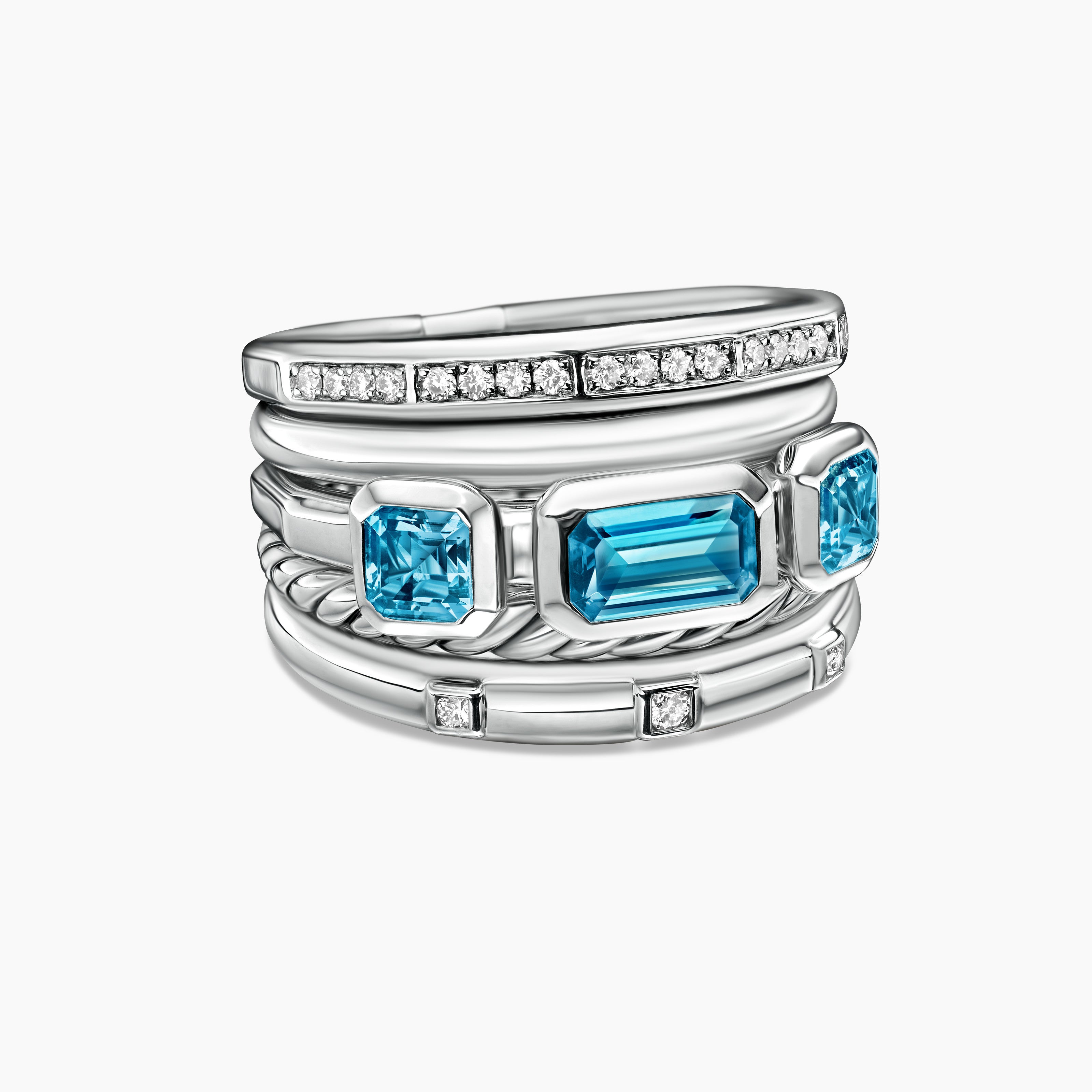 Womens Stax Five Row Ring in Sterling Silver with Diamonds, 15mm