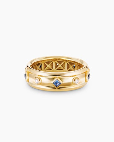Modern Renaissance Band Ring in 18K Yellow Gold with Blue Sapphires and Diamonds, 6.6mm