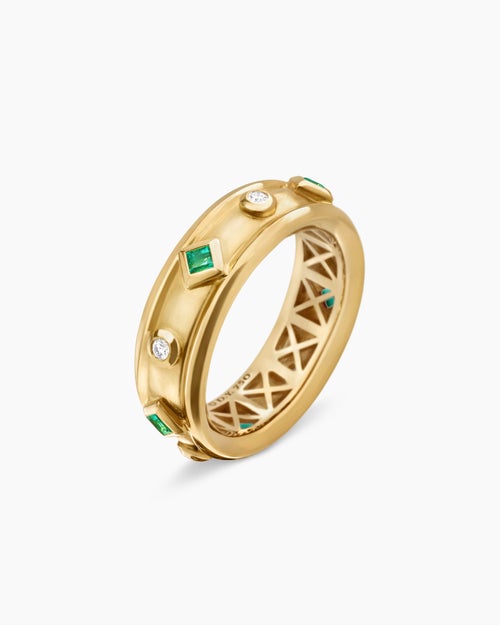 Womens Modern Renaissance® Band Ring in 18ct Yellow Gold with Emeralds and Diamonds, 6.6mm