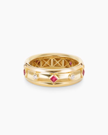 Modern Renaissance Band Ring in 18K Yellow Gold with Rubies and Diamonds, 6.6mm