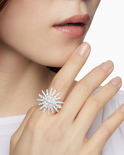 Womens Starburst Ring in 18ct White Gold with Diamonds, 28mm