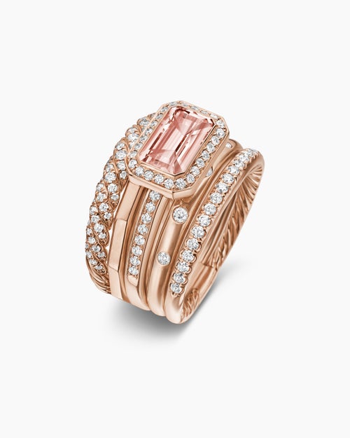 Womens Stax Five Row Ring in 18K Rose Gold with Morganite and Diamonds, 14mm