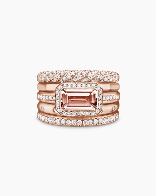 Womens Stax Five Row Ring in 18K Rose Gold with Morganite and Diamonds, 14mm