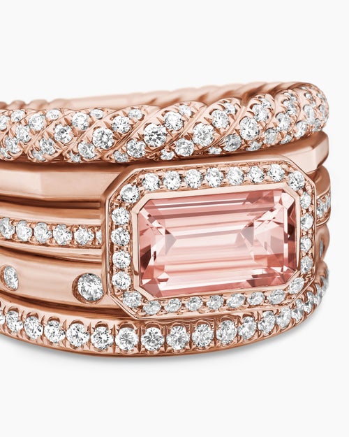 Womens Stax Five Row Ring in 18K Rose Gold with Morganite and Diamonds, 14mm