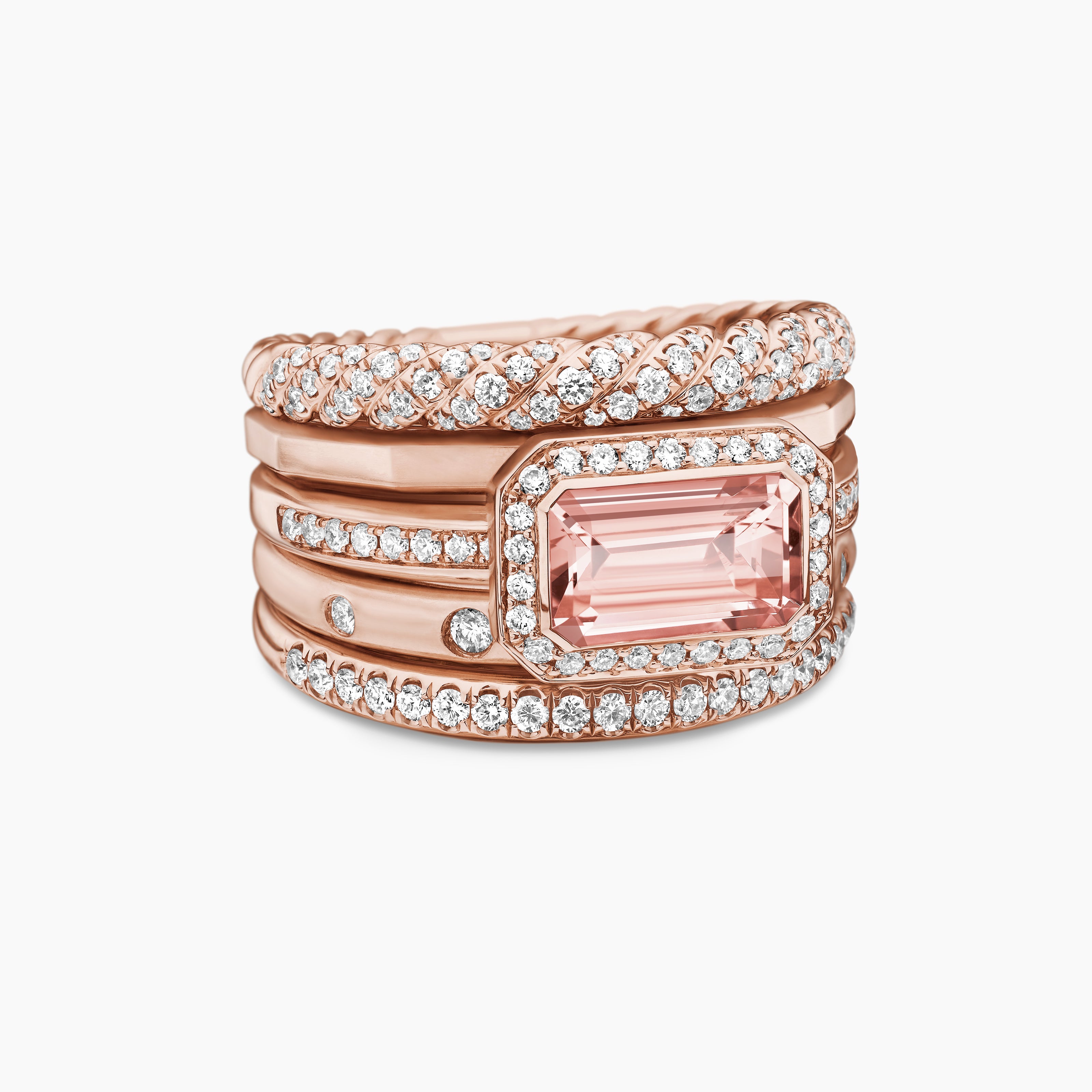 Womens Stax Five Row Ring in 18K Rose Gold with Diamonds, 14mm