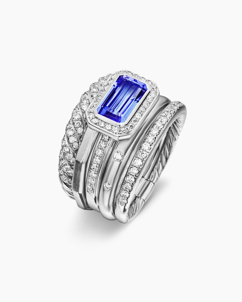 Womens Stax Five Row Ring in 18K White Gold with Diamonds, 14mm