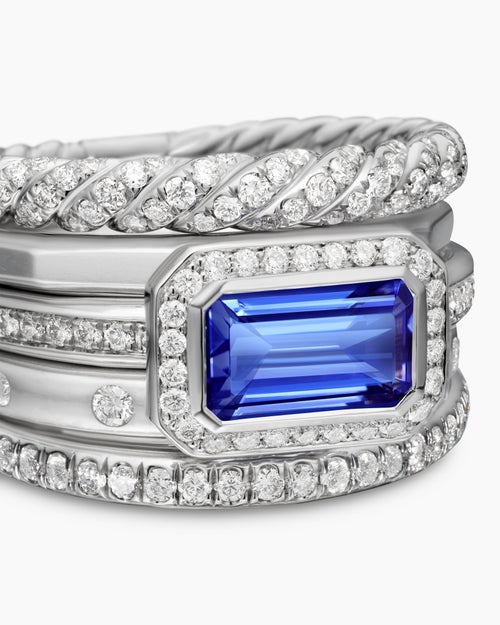 Womens Stax Five Row Ring in 18K White Gold with Tanzanite and Diamonds, 14mm