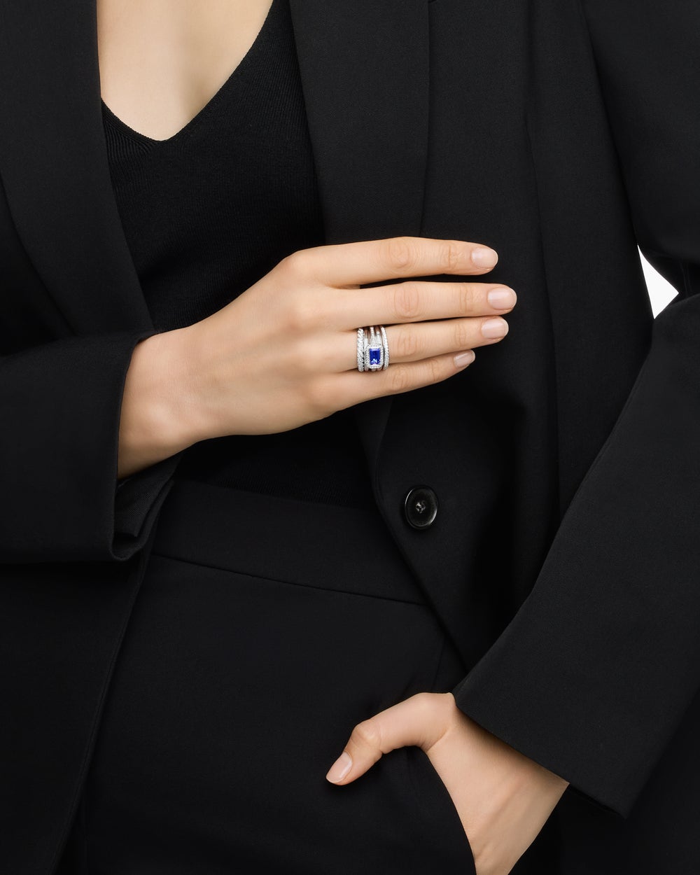 Womens Stax Five Row Ring in 18K White Gold with Diamonds, 14mm