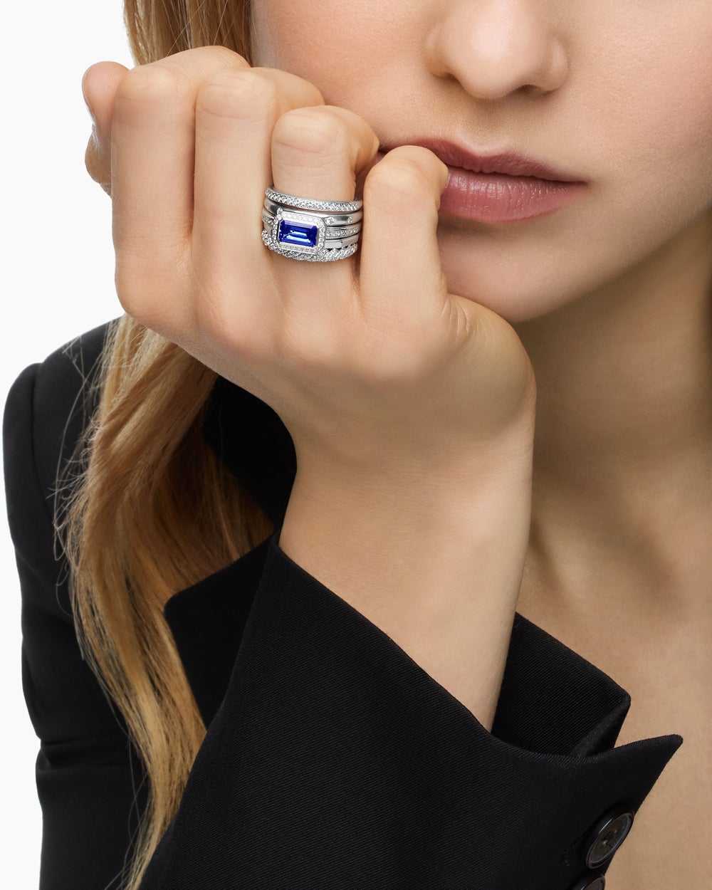 Womens Stax Five Row Ring in 18K White Gold with Diamonds, 14mm